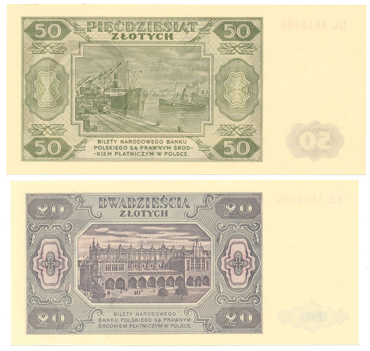 20, 50 złotych 1948 seria KE i EL, zestaw 2 banknotów - Piękne